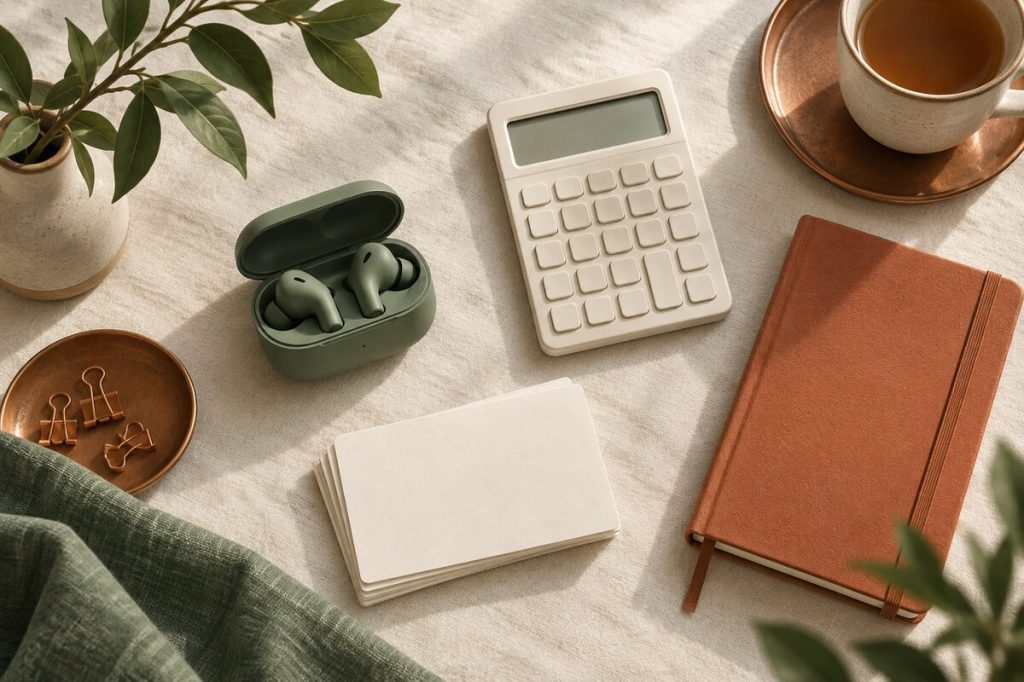 Earbuds, a calculator and note cards arranged for comparing audiobook costs.