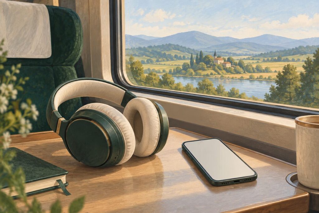 Headphones and a phone beside a train window overlooking peaceful countryside.