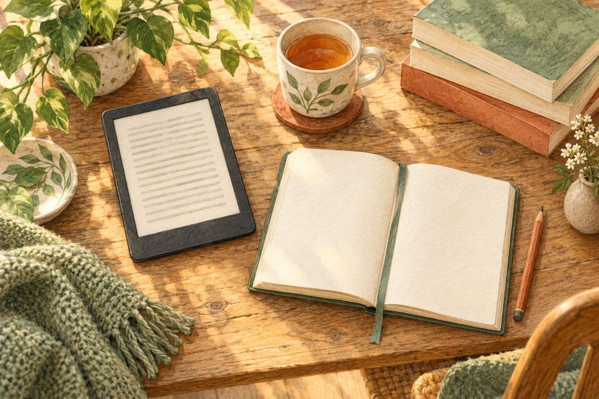 An e-reader, reading journal, books and tea on a warm wooden table