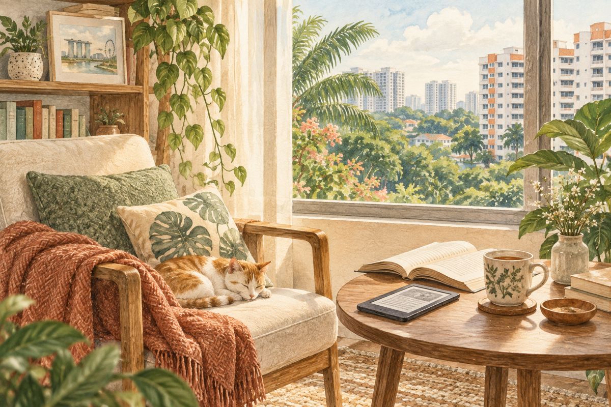 A sunny Singapore reading nook with books, tea and an e-reader