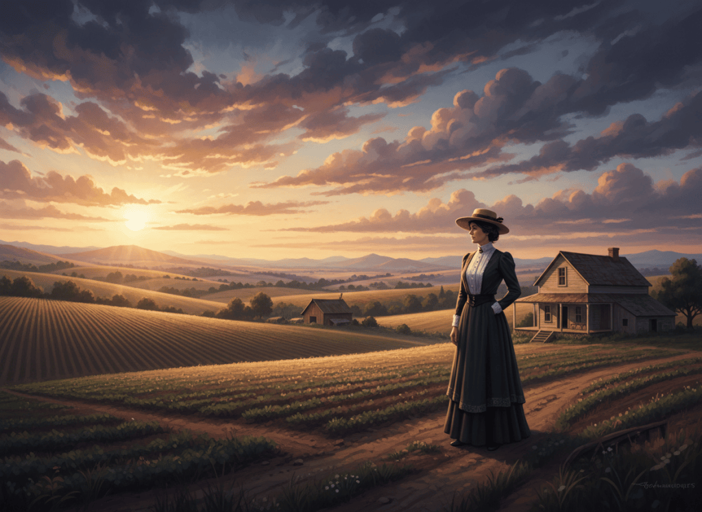 A woman in period dress overlooking farmland in California's Salinas Valley.