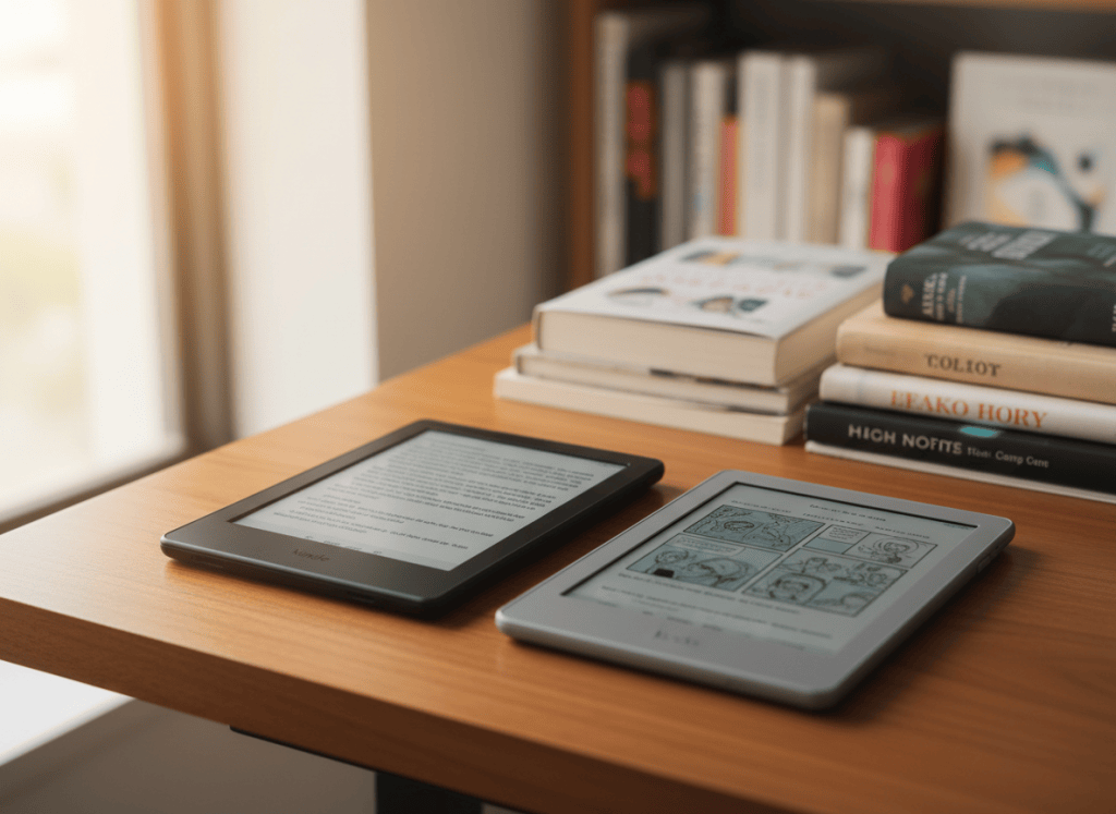 Kindle Paperwhite-style and Kobo Libra Colour-style e-readers side by side for comparison