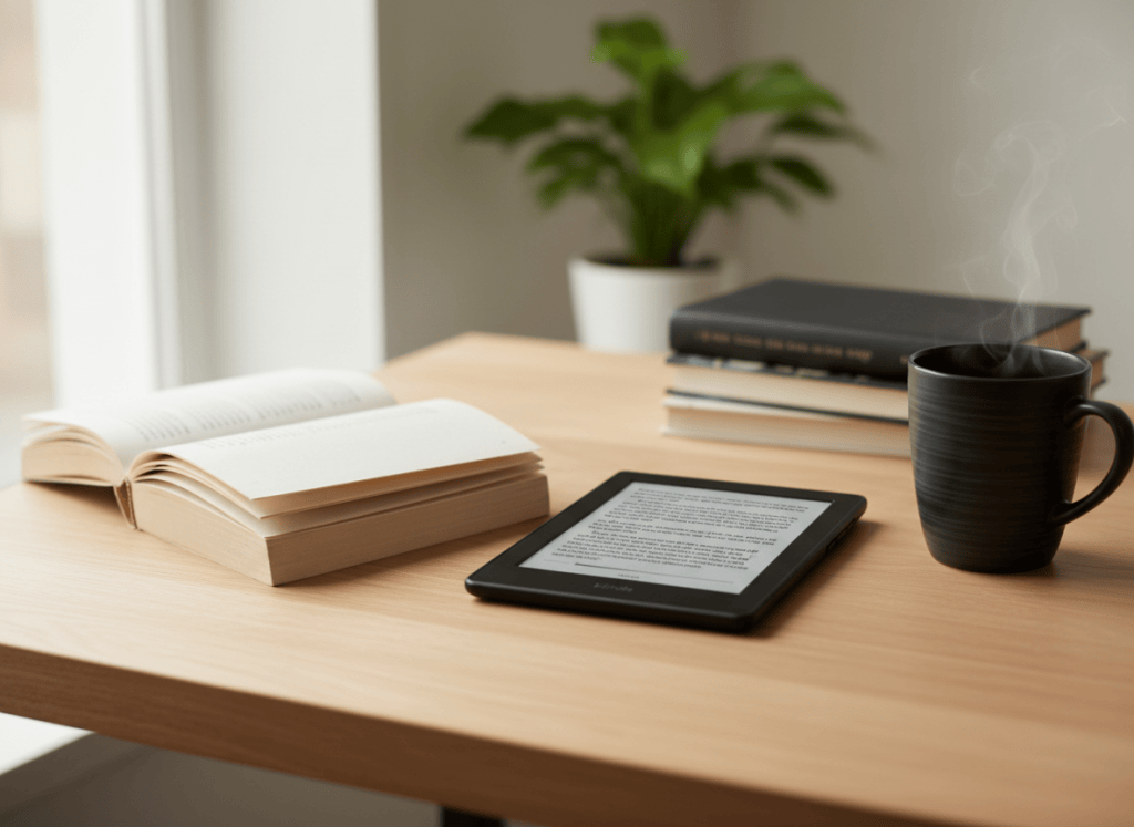 Kindle Paperwhite-style black-and-white e-reader on a calm reading desk