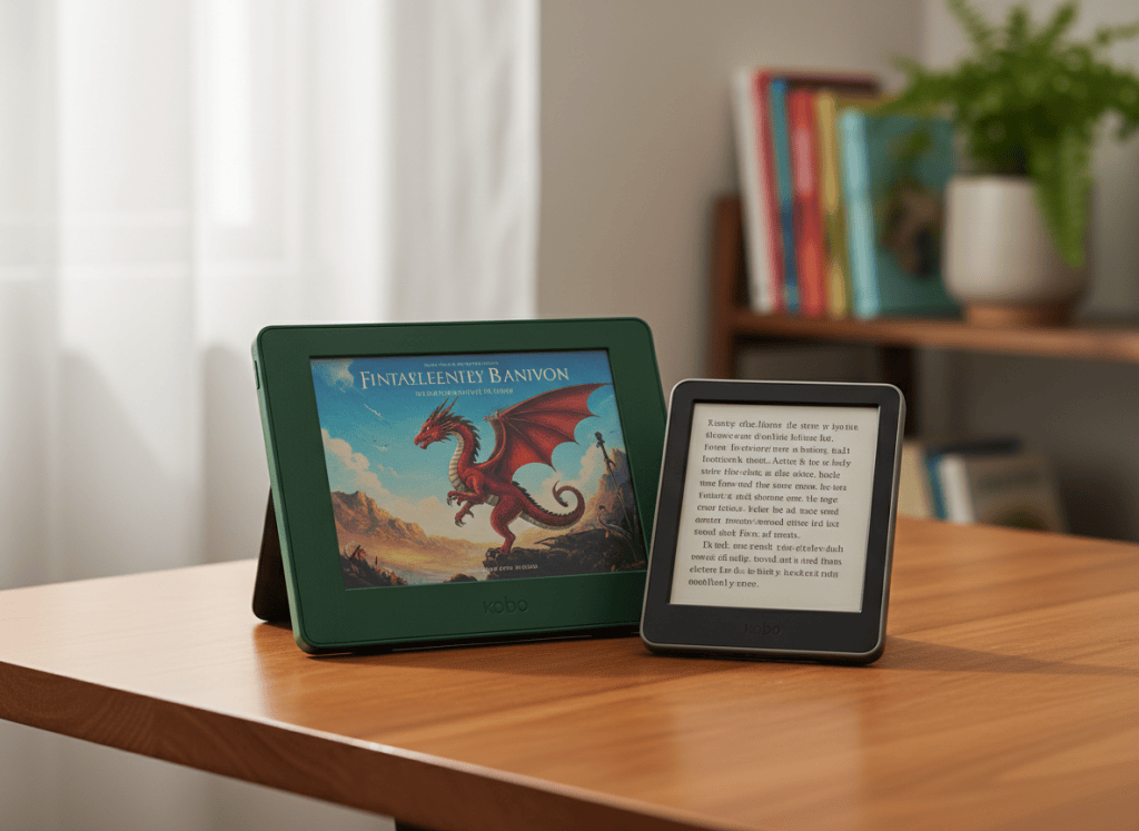 Kobo-style colour and black-and-white e-readers on a warm reading table