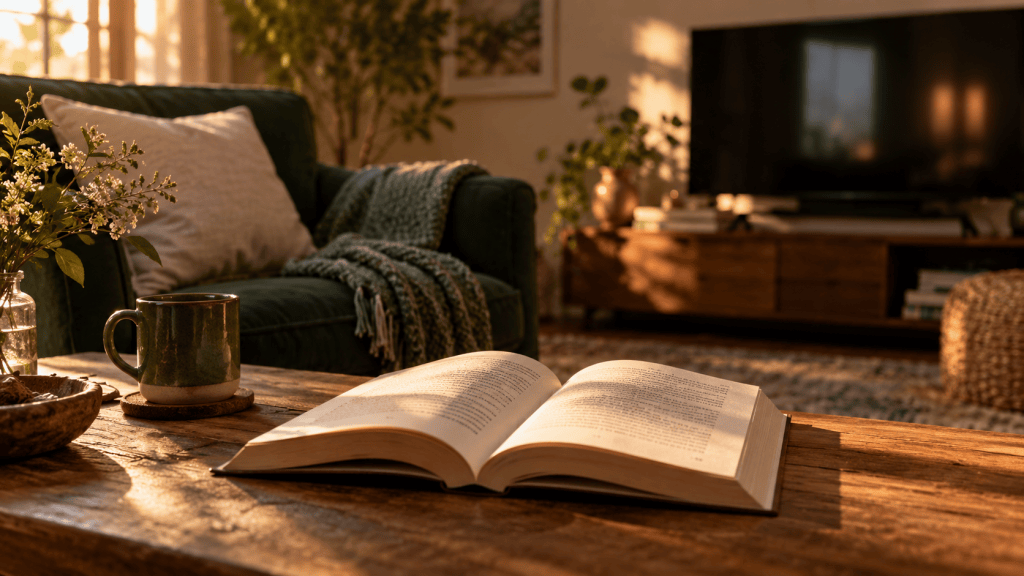 Open novel on a warm table beside an armchair and a television in the background