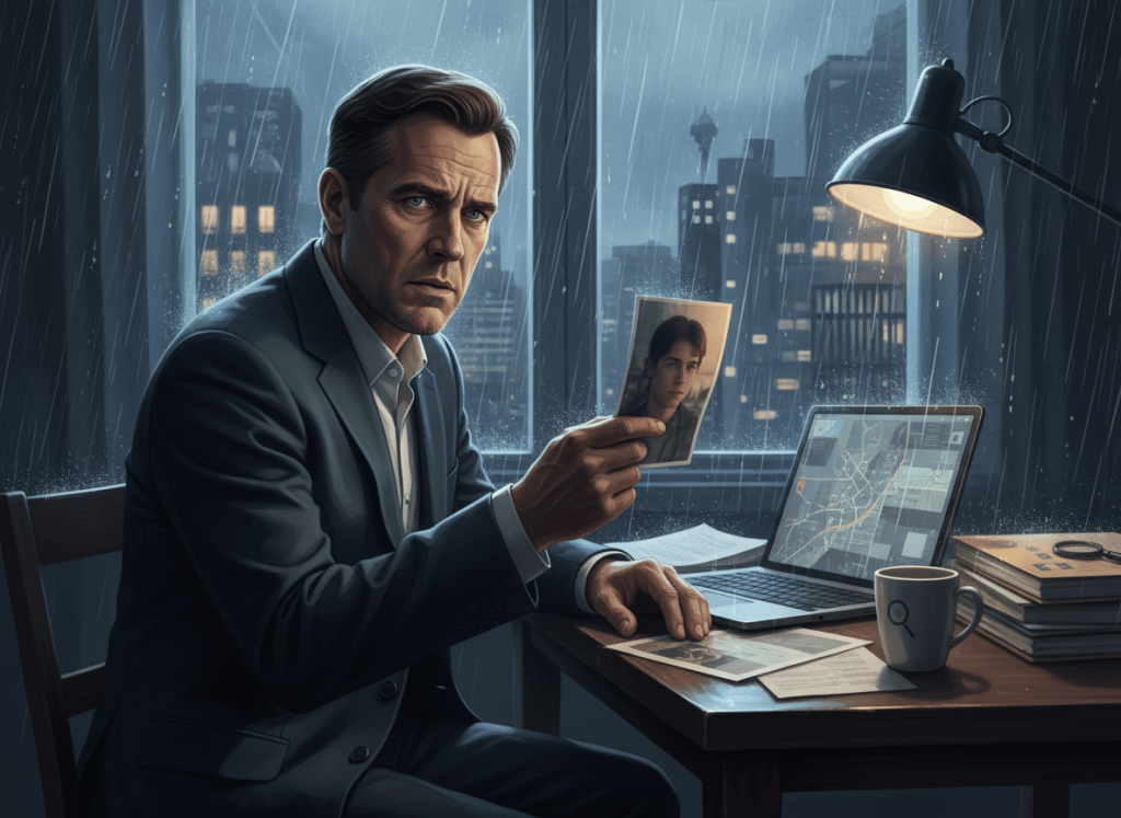 A worried father studies a mysterious photograph in a tense thriller setting.