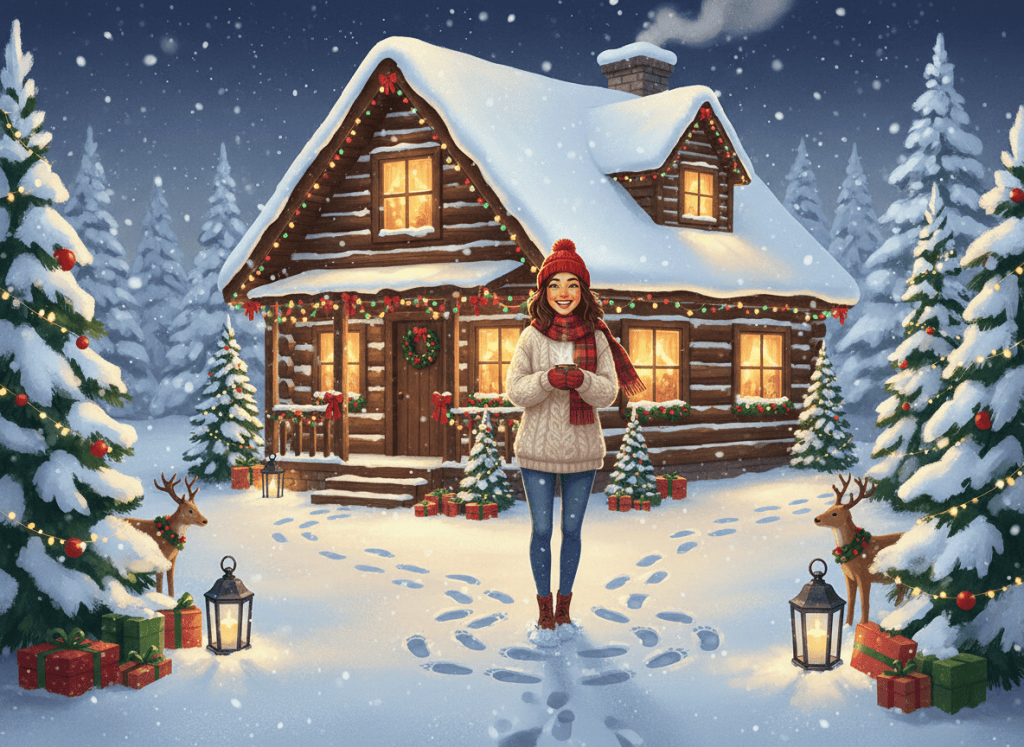 A woman outside a warmly lit snowy holiday cabin with festive decorations.