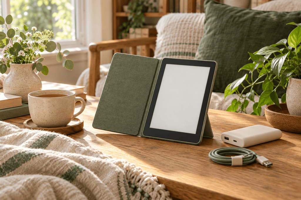 An e-reader in a green folio beside a power bank and charging cable in a sunlit reading corner.