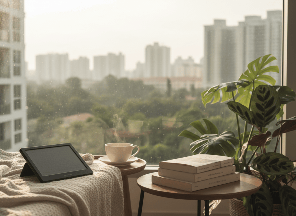E-reader, books and tea in a comfortable Singapore reading corner