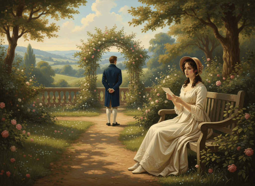 A Regency-era woman reading a letter on an English estate with a gentleman in the distance.