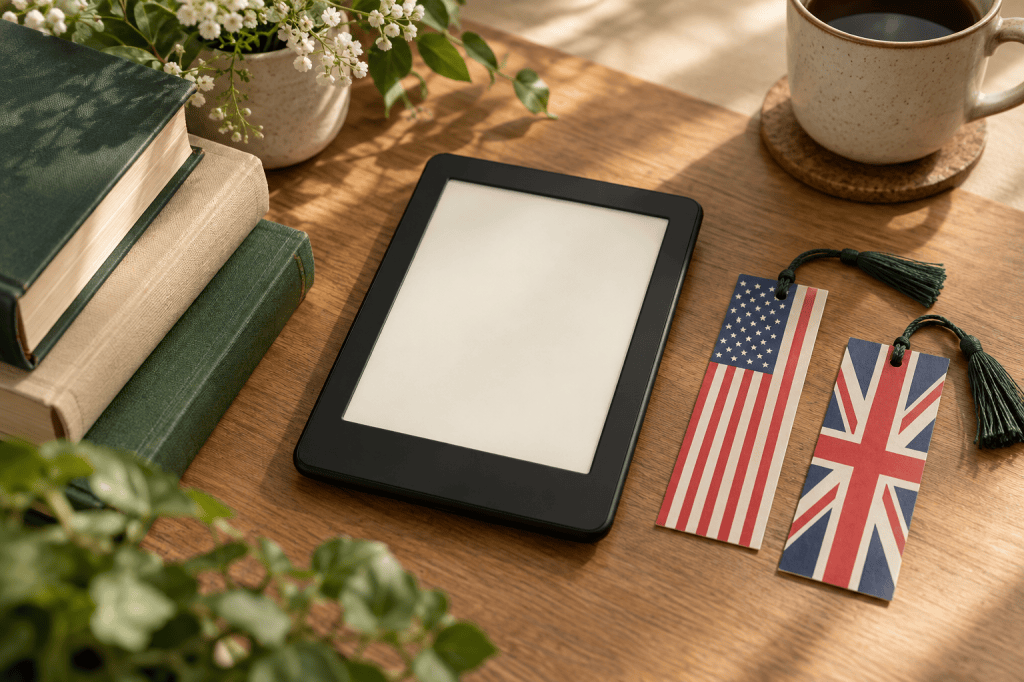 An e-reader beside book stacks and bookmarks showing the US and UK flags