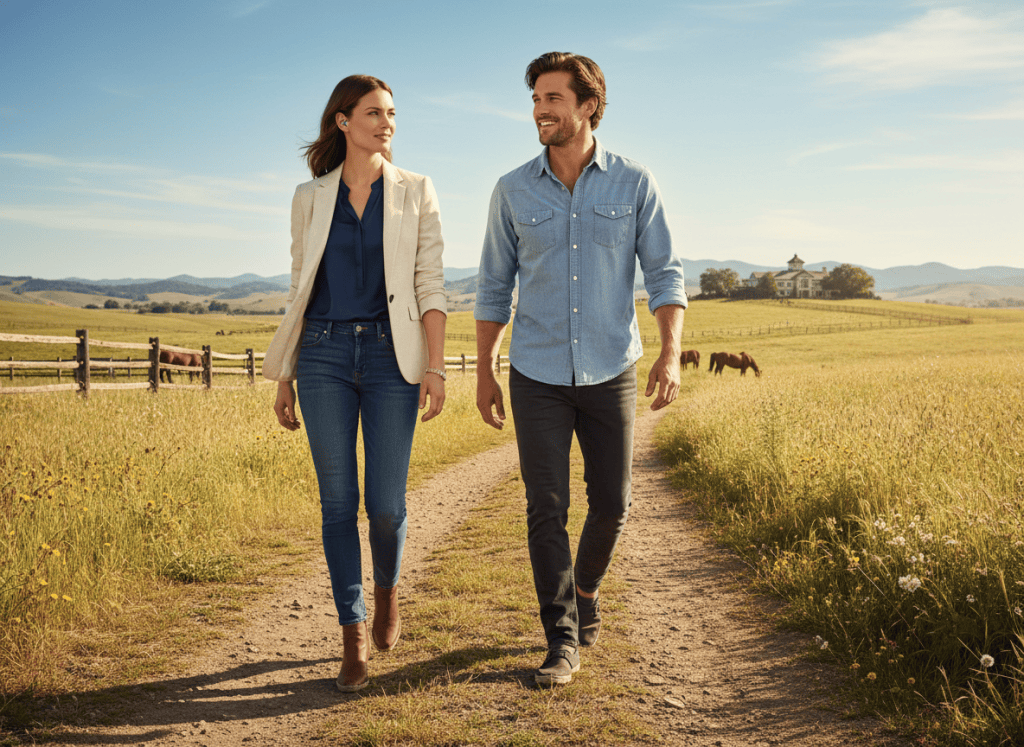 A female bodyguard walks beside a male movie star at a sunny countryside ranch.