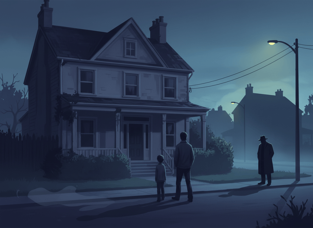 A father and son on an eerie suburban street at twilight in a dark mystery scene.