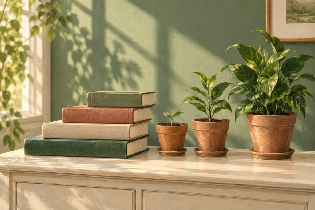 Four books beside plants at different stages of growth, illustrating gradual progress.