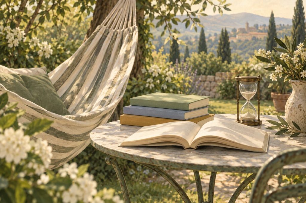 Short books and an hourglass on a garden table beside a hammock.
